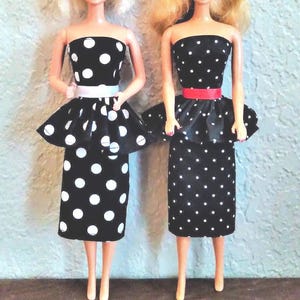 Handmade Doll Clothes - Black Polka Dot Peplum Dress w/Strapless Bodice for 11.5" fashion doll