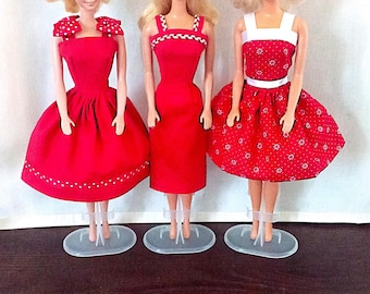 Handmade Doll Clothes - Dresses in Red in 3 styles.  Full or Straight skirt with trims for 11.5" fashion doll.