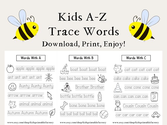 26 Page A-Z Kids Traceable Words Alphabet Printable | Etsy