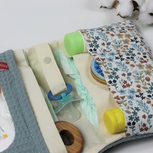 May include: A light blue diaper bag with a floral pattern on the outside. The bag is open and shows the inside, which has several pockets and compartments. The bag is filled with baby supplies, including diapers, wipes, a pacifier, a bottle of lotion, and a tube of diaper rash cream. The bag also has a small tag that says "lalilu".