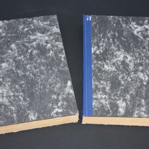 Op de afbeelding: Twee hardcover boeken met blauwe ruggen en marmeren omslagen. De boeken zijn genummerd 17 en 18.