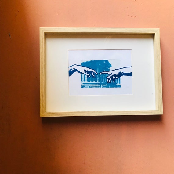 Maison Carré de Nîmes, monument UNESCO - linogravure et cyanotype