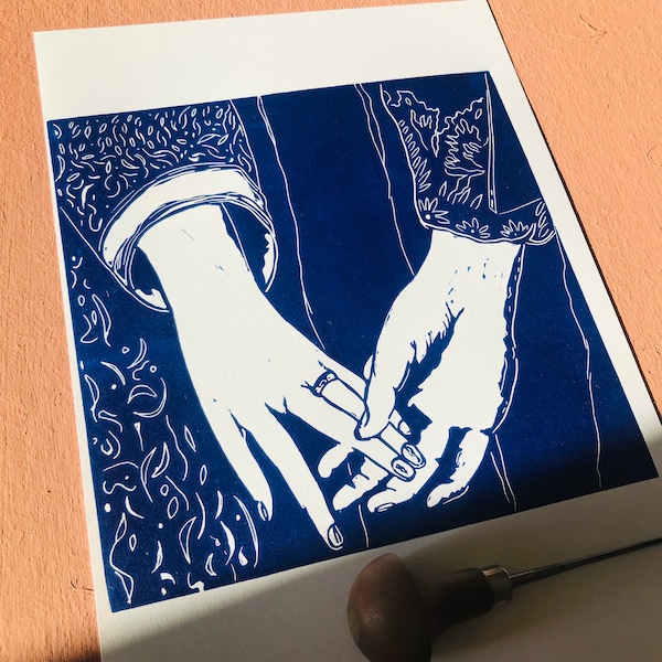 Linogravure bleu Impression d’art originale, édition limité, numéroté et signé, mains,couple, union, Le lien à l’autre, union