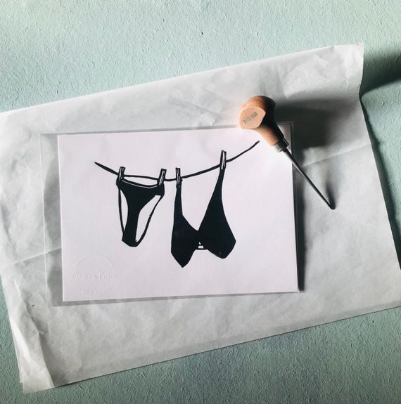 Linocut “ON THE WIRE, underwear” Art Print - Wall Art - Linocut Print