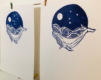 The Whale and the Stars, Births, original linocut, limited edition, handmade, workshop in France