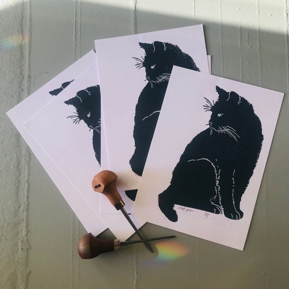 Linocut “Grey Cat” Art Print - Wall Art - Linocut Print