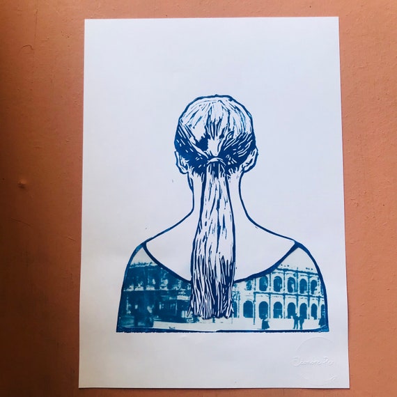 Arènes de Nîmes, monument UNESCO - linogravure et cyanotype