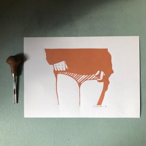 Linogravure « les dessous, petite culotte de femme» Impression d’Art - Art mural - Impression de linogravure - illustration