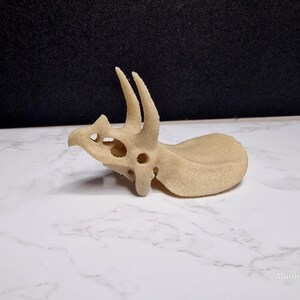 May include: A beige 3D printed model of a dinosaur skull. The skull is missing the lower jaw and has a textured surface.