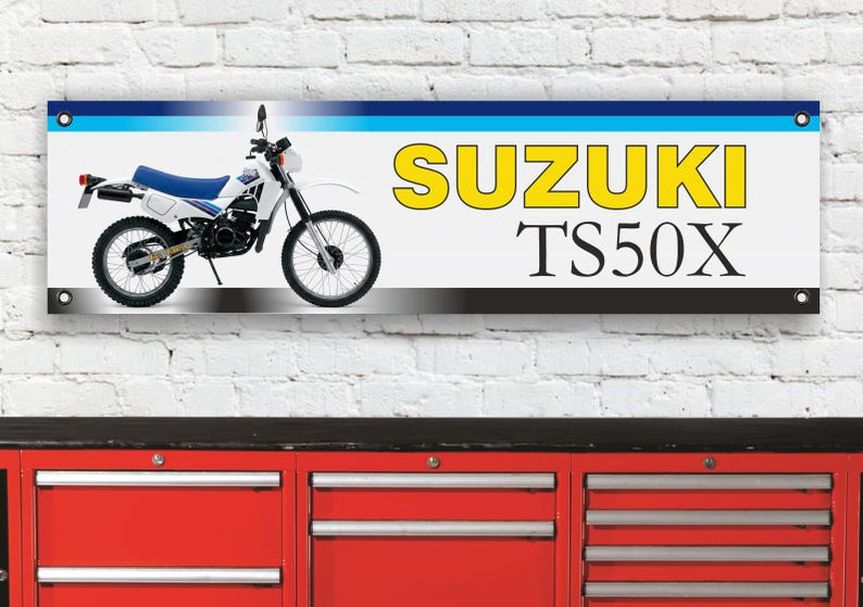 Ts50x Custom BR574B Suzuki TS50X White & Blue Flexible Banner Workshop Garage Sign ...