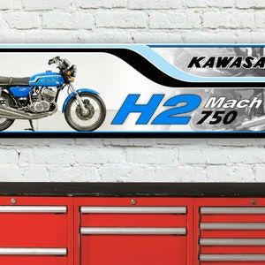 Br266b kawasaki h2 750 mach iv 4 blue 1972 garage workshop banner sign