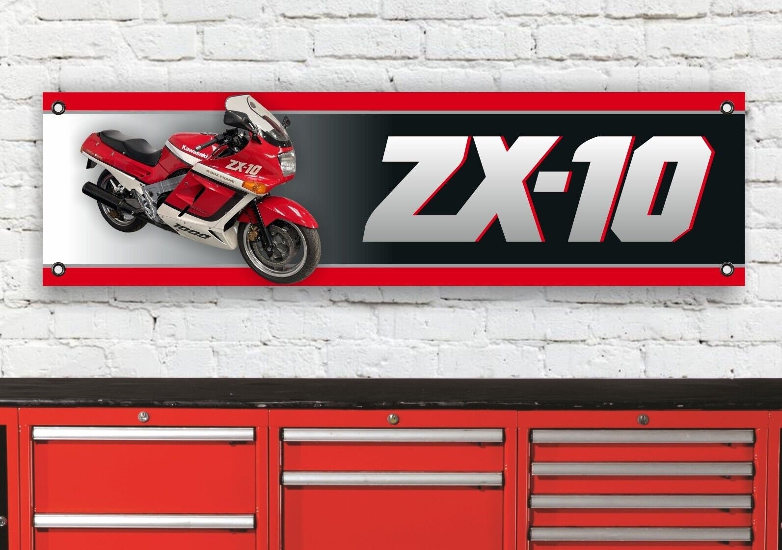 ポスター ma Br465b Kawasaki Zx10 1988 Red / White Garage Workshop Banner Sign