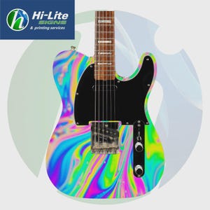 May include: An electric guitar with a swirling rainbow design. The guitar has a black pickguard, chrome hardware, and a wooden neck. The image includes the text "Hi-Lite Signs & printing services" in the upper left corner.
