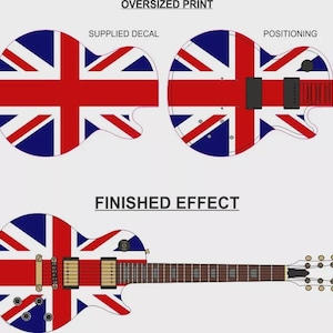 May include: An illustration demonstrating the application of a Union Jack decal to a guitar. The image shows the oversized print, the supplied decal, and the positioning. The finished guitar has a Union Jack design.