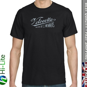 May include: Black t-shirt with a white Velocette logo and the text "1926-28-29 T.T. WINNERS".