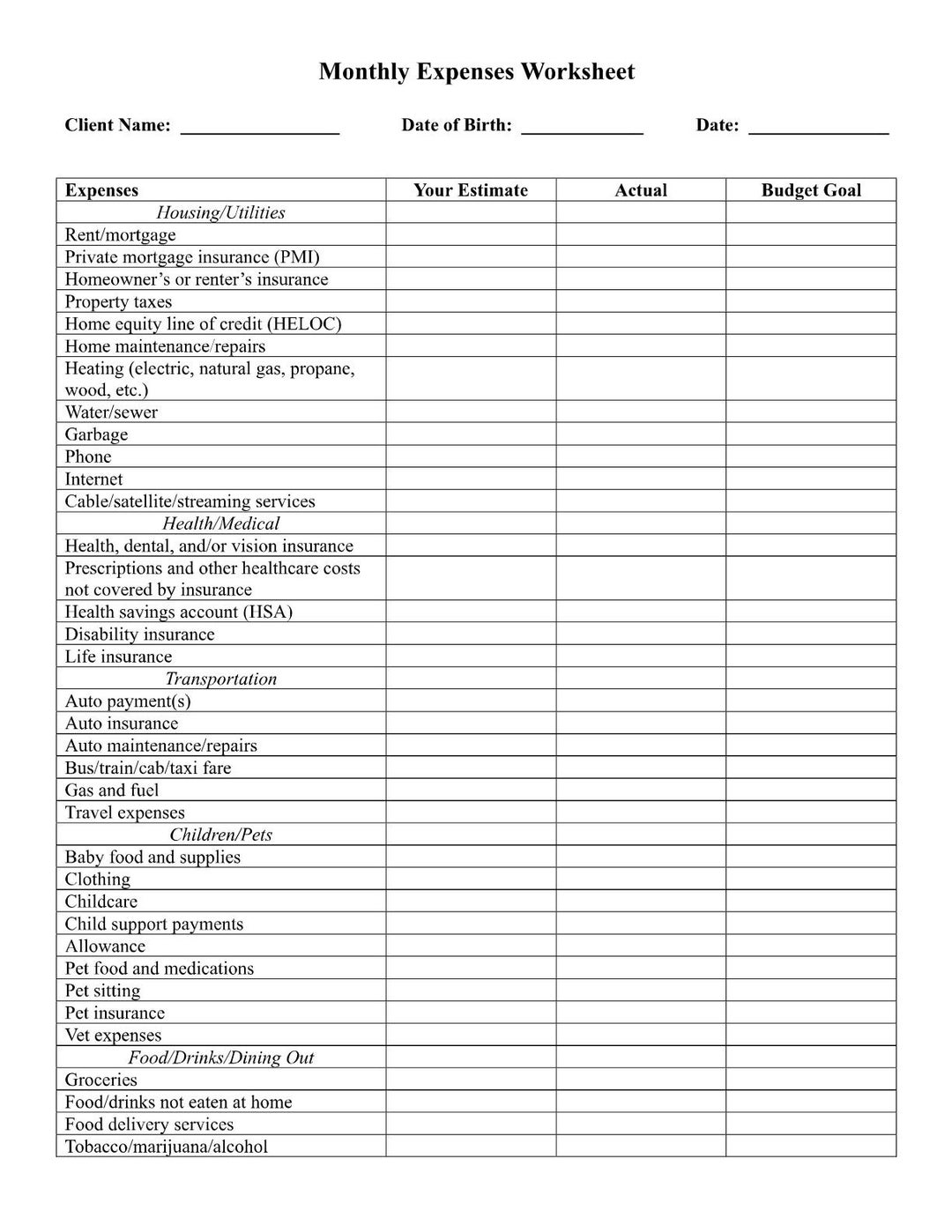 Monthly Expenses Worksheet Budget Blank Digital Printable Template PDF ...