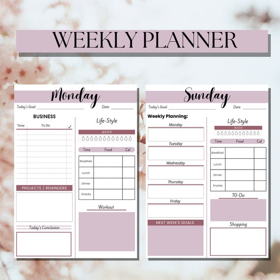Weekly Planner 7-day Digital Printable Planner Fitness and - Etsy