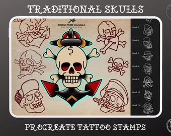 Traditional Skulls  - 100 files, Procreate, PNG, SVG & EPS, drawn by hand - custom art
