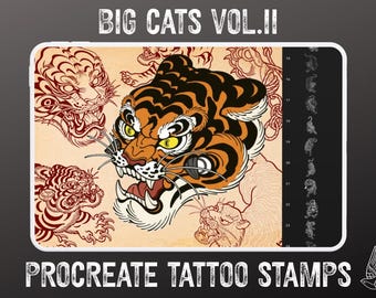 Big cats vol.2 - 66 files, feline tattoo stencils - Procreate & Png