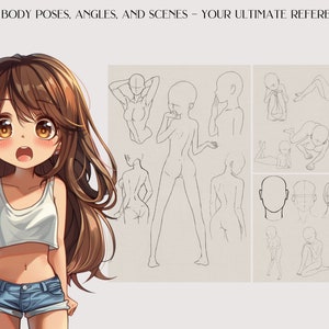 May include: A digital illustration of a young woman with long brown hair, wearing a white tank top and blue denim shorts. The woman is looking at the viewer with a surprised expression. The image is divided into three sections. The left section features the woman. The middle section features a series of line drawings of a woman in different poses. The right section features a series of line drawings of a woman's head in different angles.