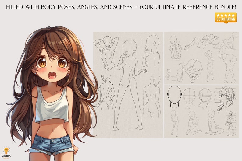 May include: A digital illustration of a young woman with long brown hair, wearing a white tank top and blue denim shorts. The woman is looking at the viewer with a surprised expression. The image is divided into three sections. The left section features the woman. The middle section features a series of line drawings of a woman in different poses. The right section features a series of line drawings of a woman's head in different angles.