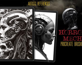 May include: Two digital illustrations of cyborg women with intricate mechanical details. The text "HORROR MECH PROCREATE BRUSHES" is displayed in red and white.