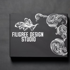 May include: A black box with white filigree designs on the front. The box says "Filigree Design Studio" and "200+ Elements".