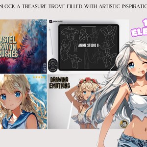 May include: A collection of digital art resources for Procreate, including a set of pastel crayon brushes, a drawing emotions guide, an anime studio guide, and a set of 1600+ anime elements. The resources are displayed on a white background with a cartoon illustration of a woman with long white hair.