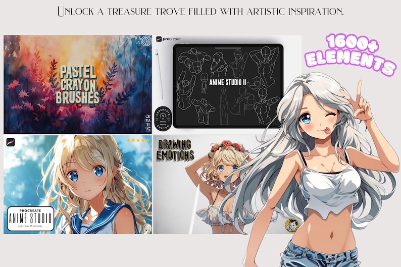 May include: A collection of digital art resources for Procreate, including a set of pastel crayon brushes, a drawing emotions guide, an anime studio guide, and a set of 1600+ anime elements. The resources are displayed on a white background with a cartoon illustration of a woman with long white hair.