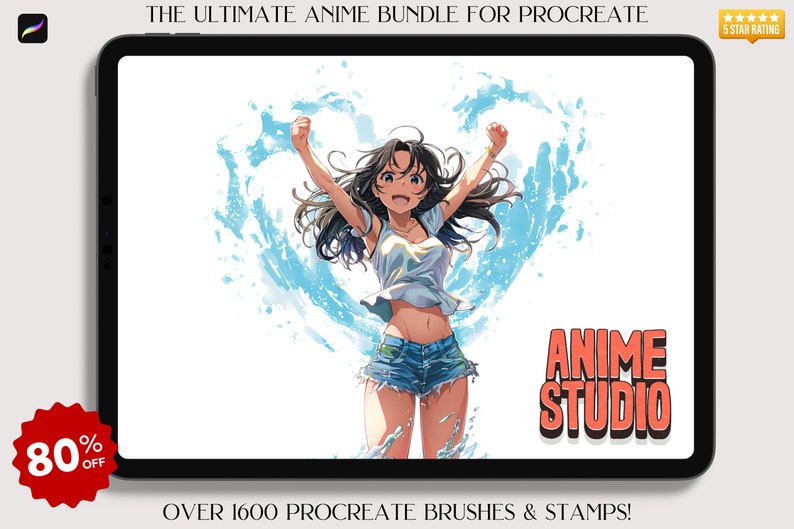 May include: A digital illustration of an anime character with long brown hair, wearing a white shirt and blue denim shorts, standing with arms raised in the air. The character is surrounded by blue water splatter effects. The text 'ANIME STUDIO' is in red and white letters with a 3D effect. The text 'OVER 1600 PROCREATE BRUSHES & STAMPS!' is below the image. The text '80% OFF' is in a red starburst shape in the lower left corner of the image.