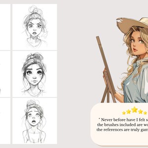 May include: A digital illustration of a woman with blonde hair wearing a straw hat and a light blue shirt. She is holding a wooden easel with a blank canvas. The text below the image reads 'Never before have I felt so creative - the brushes included are wonderful, and the references are truly game-changers!' with the signature 'Anna H'.