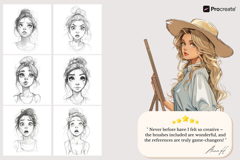 May include: A digital illustration of a woman with blonde hair wearing a straw hat and a light blue shirt. She is holding a wooden easel with a blank canvas. The text below the image reads 'Never before have I felt so creative - the brushes included are wonderful, and the references are truly game-changers!' with the signature 'Anna H'.
