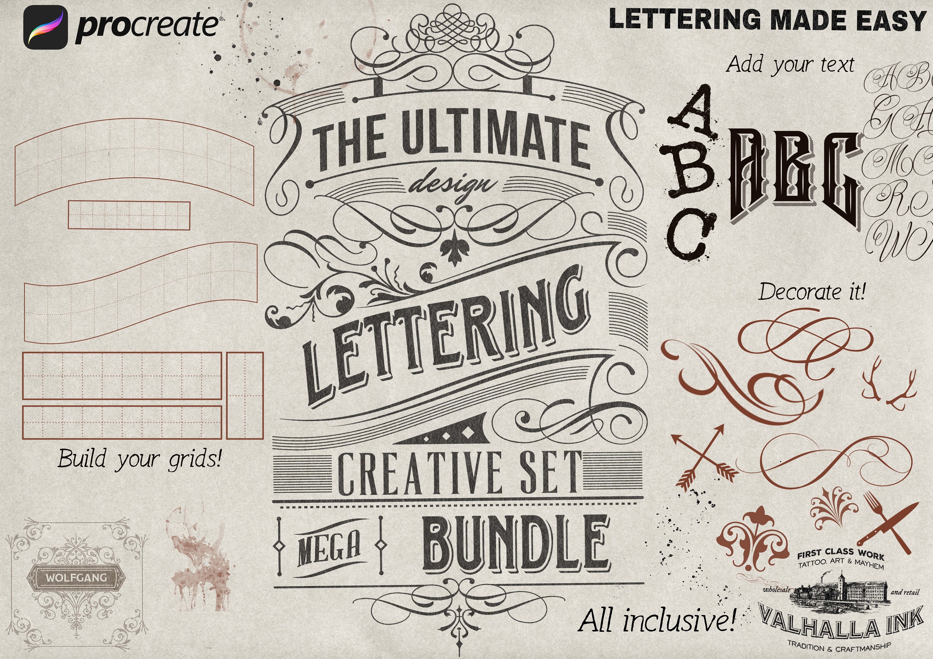Procreate Text Design Builder Mega Bundle — 400+ Stamps, Grids, Fonts & Decorative Elements