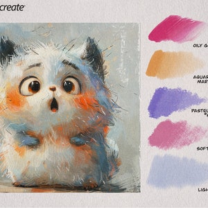 May include: A cartoon illustration of a white cat with large brown eyes and a surprised expression. The cat is standing on a light gray surface. The image also includes a set of paint swatches with the names of the paint types: Oily Gouache, Aquarelle Marker, Pastel Crayon Hue, Soft Crayon, and Light Wash.