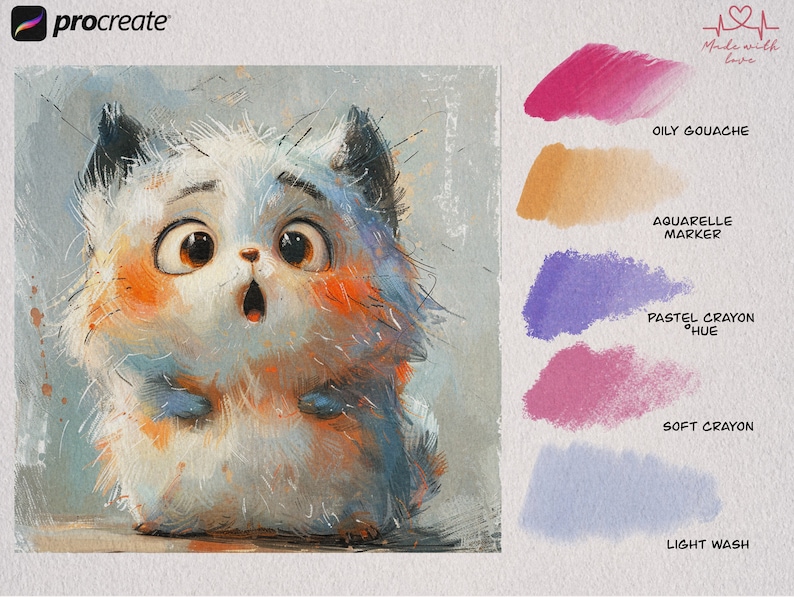 May include: A cartoon illustration of a white cat with large brown eyes and a surprised expression. The cat is standing on a light gray surface. The image also includes a set of paint swatches with the names of the paint types: Oily Gouache, Aquarelle Marker, Pastel Crayon Hue, Soft Crayon, and Light Wash.