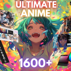 May include: A colorful illustration of an anime character with green hair and a bright smile. The character is surrounded by colorful confetti and other anime illustrations. The text 'ULTIMATE ANIME 1600+' is displayed in the center of the image. The image also includes a Procreate logo and a color wheel.