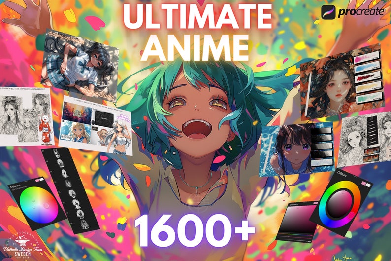 May include: A colorful illustration of an anime character with green hair and a bright smile. The character is surrounded by colorful confetti and other anime illustrations. The text 'ULTIMATE ANIME 1600+' is displayed in the center of the image. The image also includes a Procreate logo and a color wheel.