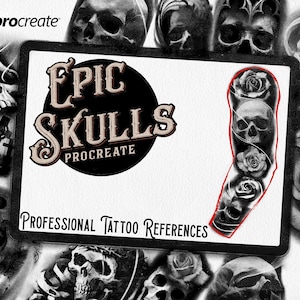 Może przedstawiać: Czarno-białe referencje do tatuaży z czaszkami i różami. Projekt nosi tytuł "Epic Skulls" z logo Procreate. Tekst "Professional Tattoo References" jest również zawarty.