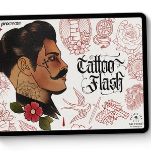Può includere: Illustrazione digitale su tablet con un design di tatuaggio vintage. Il design include un ritratto di uomo con baffi, un tatuaggio a ragnatela sul collo e le parole "Tattoo Flash". Altri elementi includono una rosa, una bussola e una pistola.