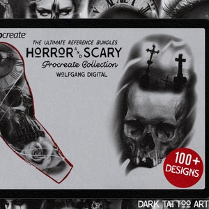 Könnte beinhalten: Eine digitale Illustration eines Schädels mit einem Kreuz und einem Friedhof im Hintergrund. Der Text "HORROR & SCARY Procreate Collection WOLFGANG DIGITAL 100+ DESIGNS DARK TATTOO ART REFERENCES" wird auf dem Bild angezeigt.