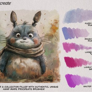May include: A cartoon illustration of a gray and brown furry creature with large ears and a scarf. The creature is standing in a field with brown and green grass. The image is surrounded by paint swatches with labels that include 'Fuzzy Gouache Dual Tone', 'Rough Gouache Dual Tone', 'Loose Pastel Hue', 'Lovely Pastel Grain', and 'Salted Acrylics'. The text 'Discover a collection filled with authentic, unique hand made procreate brushes!' is at the bottom of the image. The text 'Made with love' is at the top right corner of the image.