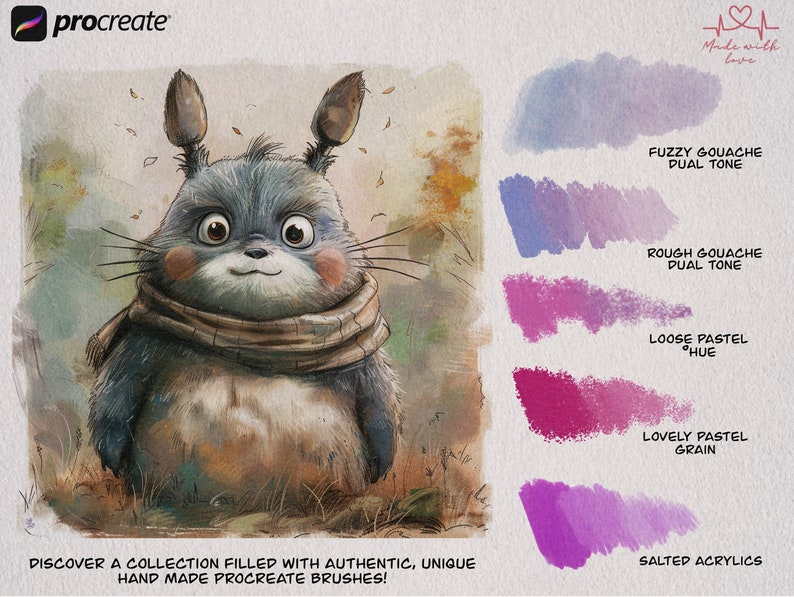 May include: A cartoon illustration of a gray and brown furry creature with large ears and a scarf. The creature is standing in a field with brown and green grass. The image is surrounded by paint swatches with labels that include 'Fuzzy Gouache Dual Tone', 'Rough Gouache Dual Tone', 'Loose Pastel Hue', 'Lovely Pastel Grain', and 'Salted Acrylics'. The text 'Discover a collection filled with authentic, unique hand made procreate brushes!' is at the bottom of the image. The text 'Made with love' is at the top right corner of the image.