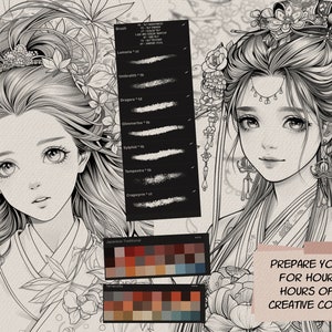 May include: Two black and white line drawings of women with flowers in their hair. The drawings are surrounded by a variety of brush strokes and color palettes. The text 'PREPARE YOURSELF FOR HOURS AND HOURS OF FUN, CREATIVE COLORING!' is visible in the bottom right corner of the image.