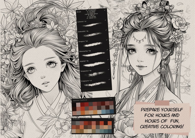 May include: Two black and white line drawings of women with flowers in their hair. The drawings are surrounded by a variety of brush strokes and color palettes. The text 'PREPARE YOURSELF FOR HOURS AND HOURS OF FUN, CREATIVE COLORING!' is visible in the bottom right corner of the image.