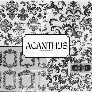 May include: Acanthus design bundle featuring black and white floral patterns. Includes various ornate designs, frames, and decorative elements. The text "ACANTHUS DESIGN BUNDLE" is displayed in a white frame.