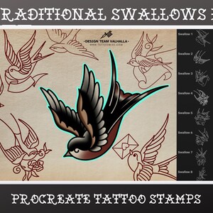 May include: Digital art featuring traditional swallow tattoo designs. The image shows a tablet displaying various swallow illustrations, including a detailed, colorful swallow with black, brown, and red hues. Text includes "Traditional Swallows II" and "Procreate Tattoo Stamps."