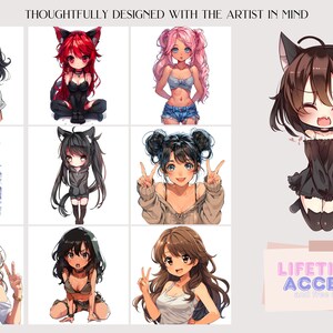 May include: Nine illustrations of anime girls with different hairstyles and outfits. The girls are all smiling and some are making peace signs with their hands. The illustrations are in a grid format and are surrounded by a white background. The text 'Thoughtfully Designed with the Artist in Mind' is at the top of the image. The text 'Lifetime Access and free updates' is at the bottom of the image.