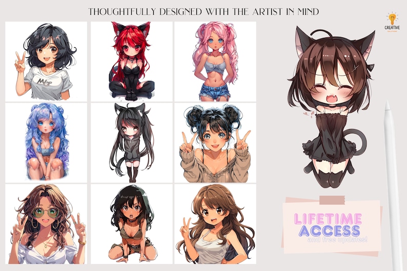 May include: Nine illustrations of anime girls with different hairstyles and outfits. The girls are all smiling and some are making peace signs with their hands. The illustrations are in a grid format and are surrounded by a white background. The text 'Thoughtfully Designed with the Artist in Mind' is at the top of the image. The text 'Lifetime Access and free updates' is at the bottom of the image.