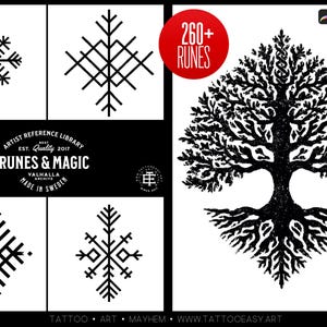 Könnte beinhalten: Schwarz-weiße digitale Kunst mit Runensymbolen und einem Baumdesign. Das Bild enthält den Text "RUNES & MAGIC" und "260+ RUNES". Das Kunstwerk ist als Künstlerreferenzbibliothek gekennzeichnet.