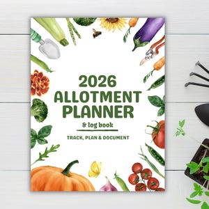 May include: A 2026 Allotment Planner & Log Book with watercolour illustrations of garden vegetables and tools. The cover features text that reads "Track, Plan & Document". A pumpkin, tomatoes, and a butterfly are also visible.